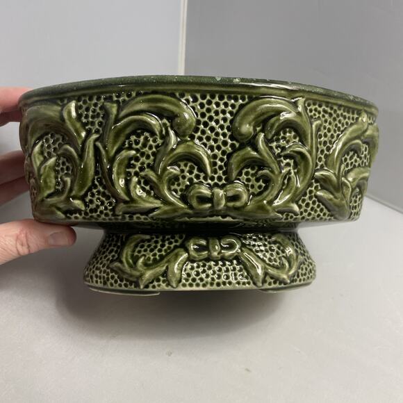 MCM Planter Vase Vintage 1950's Pedestal Ceramic Gloss‎ Green Raised Design - Picture 6 of 9